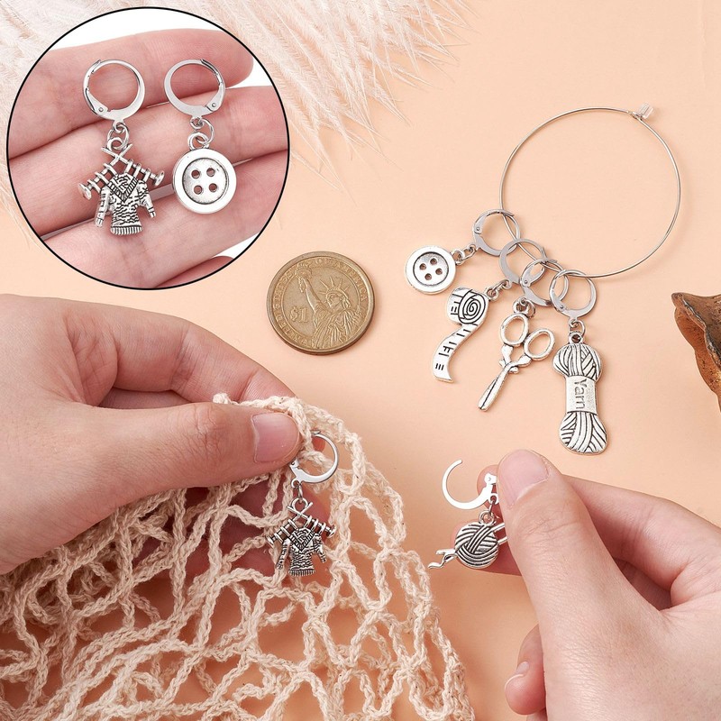 KitBeads 6pcs Tibetan Sewing Charms Mixed Styles Button Scissors Pendant