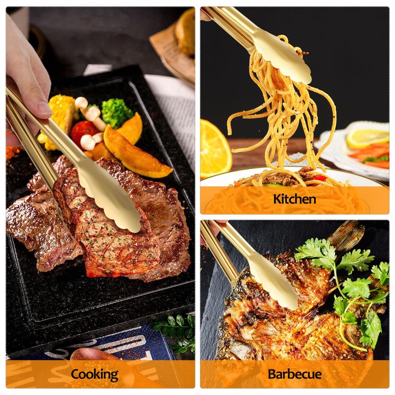 Luxshiny 4pcs Golden Stainless Steel Serving Tongs for Cooking, BBQ,