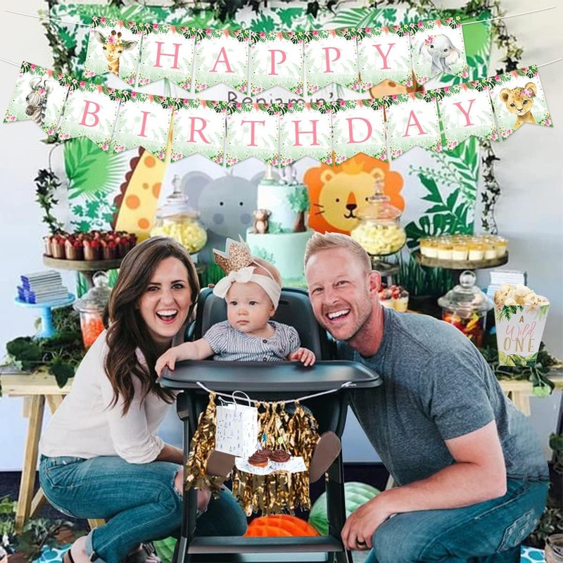 Jungle Happy Birthday Banner for Girl Pink, Safari Birthday Banner