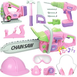 Kids Tool Set for Girls - Toddler Tool Set with Toy Chainsaw, Electric Toy Drill, Pretend Play Construction Tools Toy Gifts for Kids Aged 3 4 5 6 7