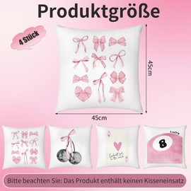 Pack of 4 Decorative Cushion Covers for Girls Room Coquette Bow Cherry Heart Aesthetic Cushion Covers Coquette Fabrics Cushion Covers Room Decoration Preppy Gifts for Women and Girls 45 x 45 cm