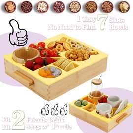 Nnewvante Couch Caddy with Cup Holder, 8 in 1 Divided Serving Tray with Handle for Sofa Bed RV Car Organizer Caddy Movie Night Snack Trays, Bamboo and BPA Free Silicone, Yellow