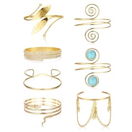 JeryWe Pack of 7 Upper Arm Bracelets for Women Cuff Bangle Gold/Silver Cuff Bracelet Set Adjustable Open Wire Leaf Bracelets Boho Punk Swirl Upper Bangle, Metal