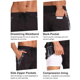 unitop Mens Swim Trunks with Compression Liner Bathing Suit 9" Surfing Summer Board Shorts with Pocket, Black, 38