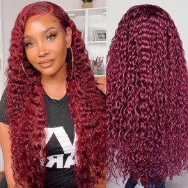 Estilar 99j Burgundy Lace Front Wigs Human Hair Glueless Wigs Human Hair Pre Plucked Pre Cut 13x6 HD Transparent Wet and Wavy Red Color Curly Wig Human Hair for Women with Baby Hair 20 Inch