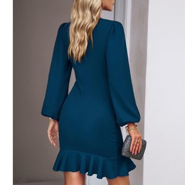 YNIQUE Women's Long Sleeves Dress 2025 Zipper Bodycon Mini Dress Ruched Puff Sleeve Ruffle Hem Round Neck Cocktail Party Work Office Blue
