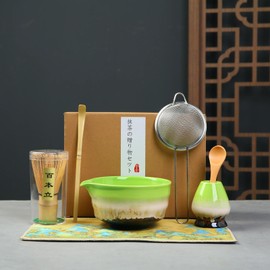 6pcs Matcha Kit Set,Matcha Set Includes Bowl with Spout and Bamboo Matcha Whisk, Bamboo,Matcha Scoop, Spoon and Stainless Sifter, Japanese Tea Making Tools, Bottle Green Matcha Kit (Viridis)