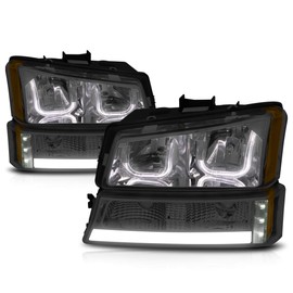 PM PERFORMOTOR Headlights Assembly Compatible with 2003 2004 2005 2006 2007 Chevy Silverado / 2003 2004 2006 Chevy Avalanche Headlamps with 4Pcs LED DRL Bumper Lamps, Smoked Lens
