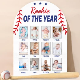 Baseball First Year Photo Board Rookie of the Year Birthday Party Decoration Wooden Board 12 Monthly Milestone Picture Frame Sports 1st Birthday Photo Banner for Baby Boy Keepsake Gift Supply2x2.8In