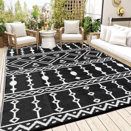 GarveeLife Outdoor Rug for Patio, 8x10FT Reversible Plastic Straw Rug, Large Floor Mat for Outdoors, Bohemian Outside Carpet for Patios, Balcony, and Deck, Black & White
