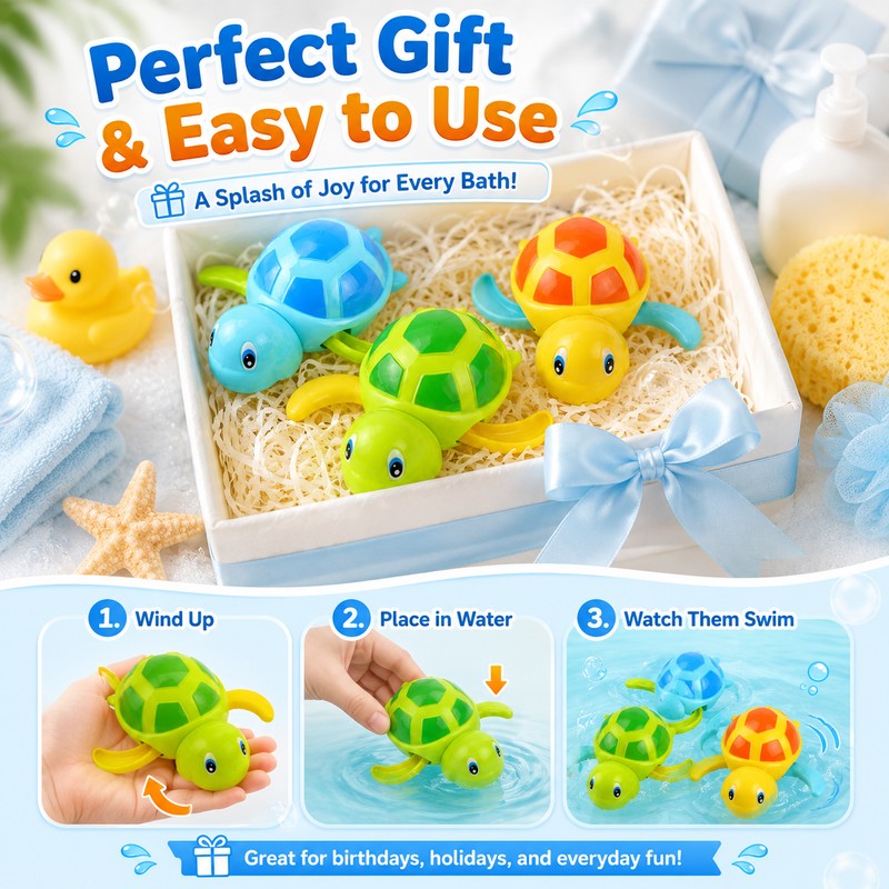 Wind-Up Turtle Bath Toy for Kids – Cute Clockwork Swimming
