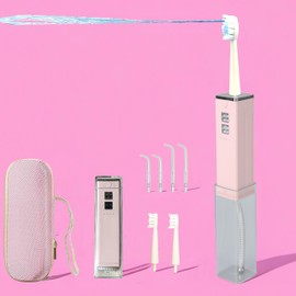 Water Flosser with Toothbrush Head (Sprayable Water) Pink. Portable Travel Water Flosser, Retractable Water Tank, 4 Nozzles, 2 Brush Heads, 1 Storage Bag Hard(Pink).for Adults.