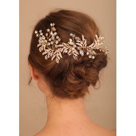 Deniferymakeup Wedding Gold Rhinestone Pearls Flower and Leaf Hair Comb Crystal Women Hair Comb with 3PCS Hair Pins Jewelry Set for Women and Girls