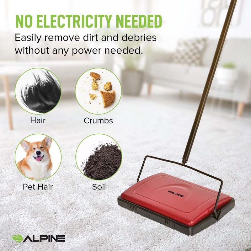 Alpine Manual Carpet Sweeper Triple Brush – Non Electric Multi-Surface