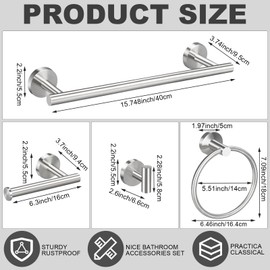 Bathroom Hardware Set 20 Pieces, Stainless Steel Towel Bar Set Includes 4 Packs 15.7 inch Bar, 8 Packs Hook, 4 Packs Ring, 4 Packs Toilet Paper Holder Wall Mounted (Brushed Nickel)