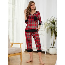 KORSIS Womens Pajama Sets Plaid 2 Piece PJ Sets Lounge Sleepwear Red Plaid XX-Large Lightweight 3/4 Sleeve Top and Waisted Adjustable Capri Pants with Pockets