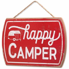 Happy Camper Hanging Wood Wall Decor - Fun Vintage Sign for RV, Camper or Garage
