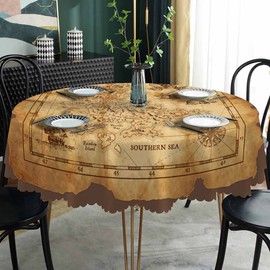 AOYEGO Treasure Map Brown Table Cloth Pirate Ship Sailing Adventure Sea Monster Island Round Tablecloth 60 Inch for Dining Room, Party, Banquet