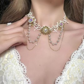 ZZ ZINFANDEL Gothic White Lace Choker Necklace for Women,y2k Boho Heart Peral Choker Classic Goth Accessories Chokers Layered Necklaces Collars Pendant (Style B)