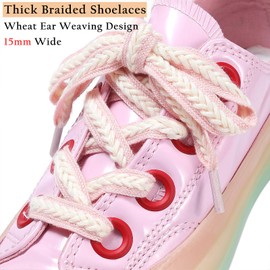 Handshop 2 pairs 3/5” flat braided shoe laces for sneakers, wide thick athletic shoelaces, cute replacement shoestrings Pink Cream 120
