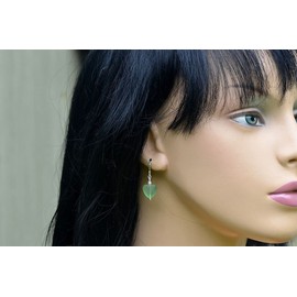 Light green sea glass sterling silver dangle heart earrings modern beach jewelry (green)