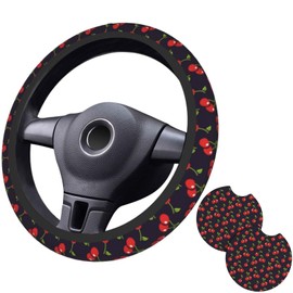 Cute Cherry Steering Wheel Cover for Women Men with 2 Pcs Car Coasters, 15 Inches Neoprene Anti-Slip Cute Universal Red Car Accessories Protective Cover for Vehicle