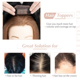 Elailite Hair Topper Real Hair, Toupee Women's with Long Fringe, Clip-In Hairpiece, Hair Topper Base 7 x 13 cm, 35 cm, #1 Black