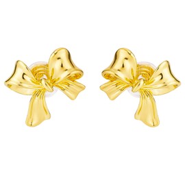 Gold Bow Earrings, French Clip-On Ribbon Ear Earrings Sweet Bow Knot Earrings for Women Girls Jewelry Gift Wear Without Piercing