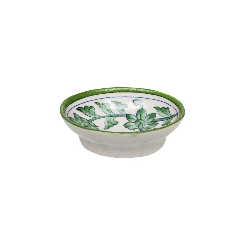 Tranquillo Blue Pottery Stoneware Oval Soap Dish with Floral Green