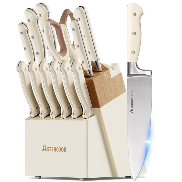 Knife Set,Astercook Kitchen Knife Set with Block 14-Piece Full Tang