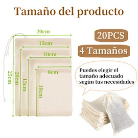 SanMuHome 20 Pcs Bolsas de Filtro Reutilizable de Grado Alimenticio,Bolsas de Filtro de Té,Bolsas de Algodón con Cordón que se Utilizan para Café, Té, Hierbas, Especias (20×25 cm)