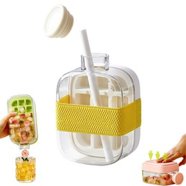 Ice Cube Bottle with Straw - 2 in 1 Water Bottle Ice Cube Tray,Water Bottle with Lid and Container, with Straw & Tie, Perfect for Ice Cubes, Beverages, Easy Fill Stackable(500 Ml-White)