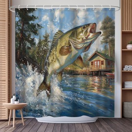 Printspree Cortina de ducha rústica para pesca con lubina, diseño de escena de lago de salto de pescado, decoración de baño de tela de 72 x 72 pulgadas, con 12 ganchos, para cabañas de lago, baños con