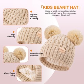 Kids Winter Hat Scarf Gloves Set Children's Warm Knit Fleece Lined PomPom Hat for Kids Ages 3-9, Perfect for Boys and Girls