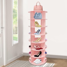 Undercat Rotating Shoe Rack, 7-Tier Spinning Shoe Storage Holder, 360° Revolving PVC Shoe Organizer, Freestanding Shoe Rack Tower, Hold 28 Pairs of Shoes, for Entryway Living Room Hallway (Pink)