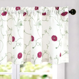 VOGOL Pink Floral Embroidery Valances for Windows, 1 Panel Country Style Linen Textured Window Treatment for Farmhouse Cafe, Rod Pocket, W 42 x L 18