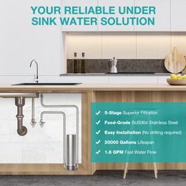 SimPure V7 Under Sink Water Filter, 5-Stage Stainless Steel Water Filtration System Direct Connect to Kitchen Faucet, Reduces 99% Lead, Chlorine, Bad Taste, 20K Gallons (No Drilling Required)