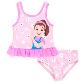 Ms. Rachel Toddler Girls UPF 50+ Peplum Tankini Top and Bikini Bottom Swim Set Pink 3T
