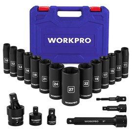 WORKPRO 20-Piece 1/2＂ Drive Deep Impact Socket Set, 6-Point, Cr-V Steel, 10-27mm, Universal Joint, Adapter and Extension Bar, Metric