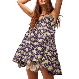 OFSOAK Women's Adjustable Spaghetti Strap Mini Dress Summer Floral Boho Flowy Dresses Beach Wedding Guest Sundress Blue