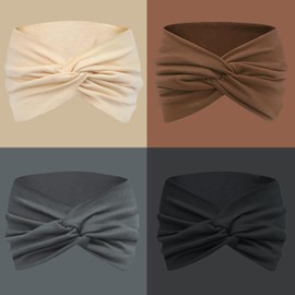 IVARYSS Extra Wide Headbands for Women Non-Slip, 7'' Large Twist Knotted Stretchy Wraps Head Bands Hair Accessories, 4 Pack, Neutral Color