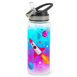 Home Tune Cute Water Bottle for School Boys, BPA FREE Tritan & Leak Proof Flip Straw & Easy Clean & Carry Handle, 23oz/ 680ml - Rocket