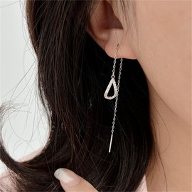 Long Teardrop Tassel Threader Earrings for Women Charm Hollow Crystal Cubic Zirconia Droplet Waterdrop Tassel Link 925 Sterling Silver Post Hypoallergenic Ear Line Earrings Chain for Fashion Jewelry Gifts (Silver)