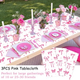 SUPROD 3Pcs Coquette Birthday Decorations Tablecloths, Pink Bow Birthday Decorations 54 x 108 Inch Large Rectangle Girls Party Table Cloths (White)