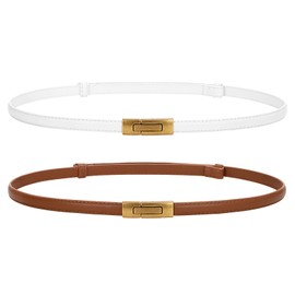 JASGOOD Women Skinny Belts Leather Thin Waist Belts for Dress Ladies Belts with Gold Buckle, Brown+white, Fit waist size up to 37''