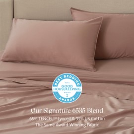 Double Stitch Queen Sheet Set - Luxury Cotton Tencel Eucalyptus Bed Sheets Deep Pocket, 4 Pc Soft Hotel Bedding Set Cooling Breathable, 1 Fitted Sheet & 1 Flat Sheet & 2 Pillowcases, Dusty Mauve