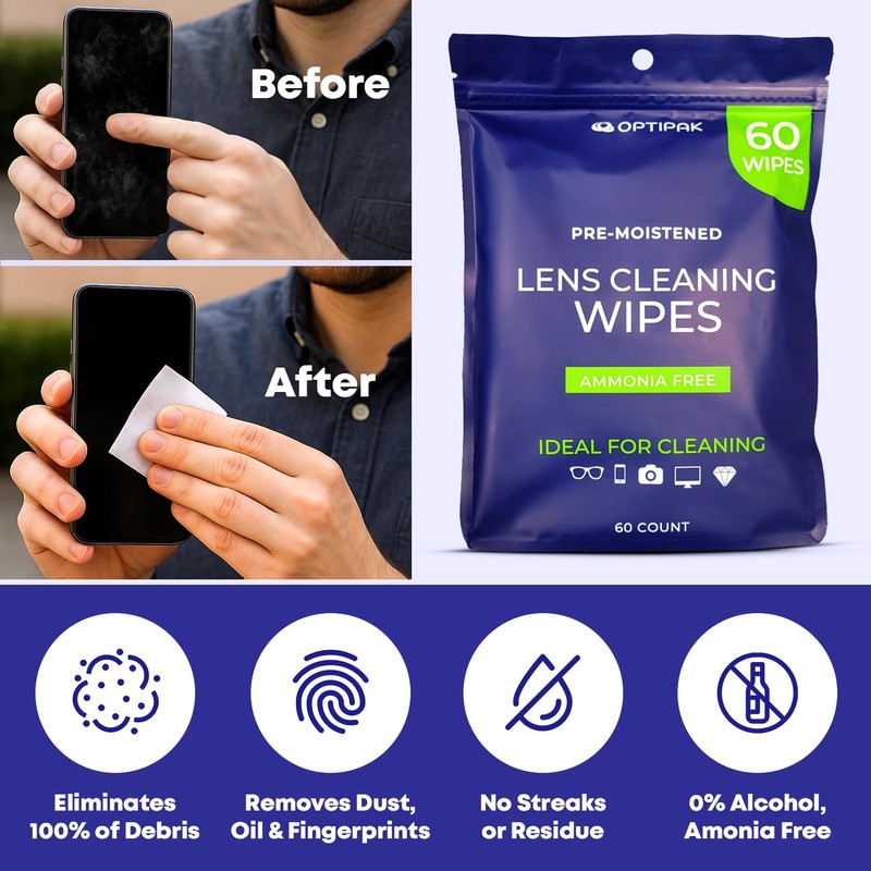 OPTIPAK Pre-Moistened Lens Wipes for Eyeglasses - Individually Wrapped Eye