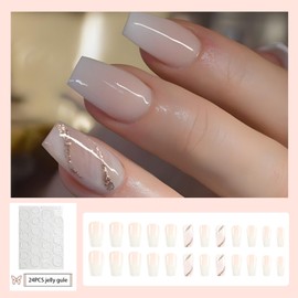French False Nails,Light Pink Gradient False Nails, 24PCS Square French Press on Nails with Jelly Glue,Acrylic Full Cover Nails Women Girls Nail Art Accessories (Milky White,Gradient, One Size)