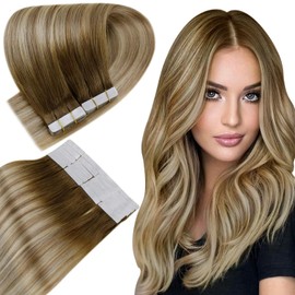 Easyouth 20Inch Tape in Human Hair Extensions Balayage Dark Brown Fading to Ash Brown Mixed Medium Blonde Tape Hair Extensions Remy Hair Seamless Glue in Hair Extensions Double Sided 20pcs 50g