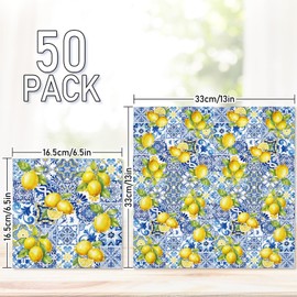 JarThenaAMCS 50Pcs Tile Lemon Paper Napkin Blue Yellow Disposable Napkin Summer Dinner Napkin Luncheon Napkin for Party Supplies Table Decor